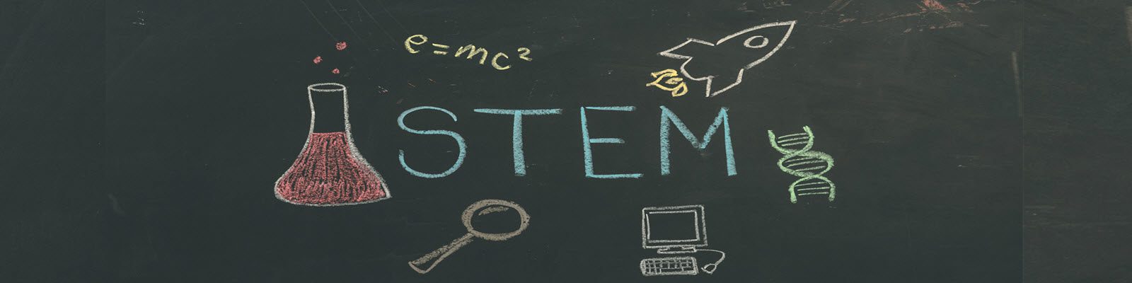 Chalkboard with "STEM" written surrounded by science doodles