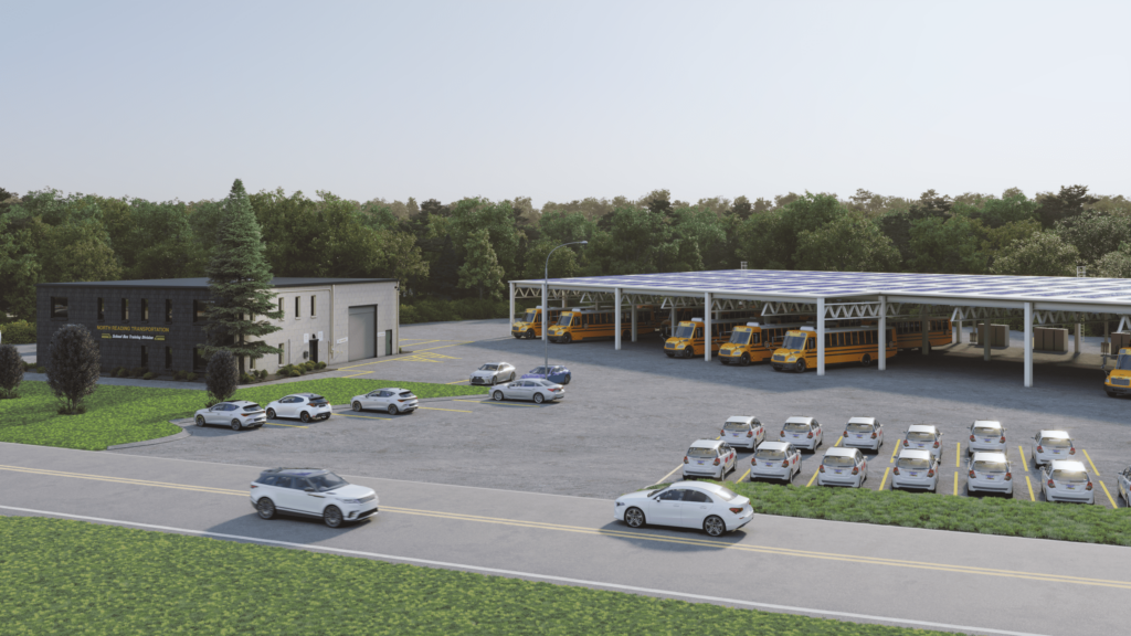 Rendering of electric school bus depot in Massachusetts.
