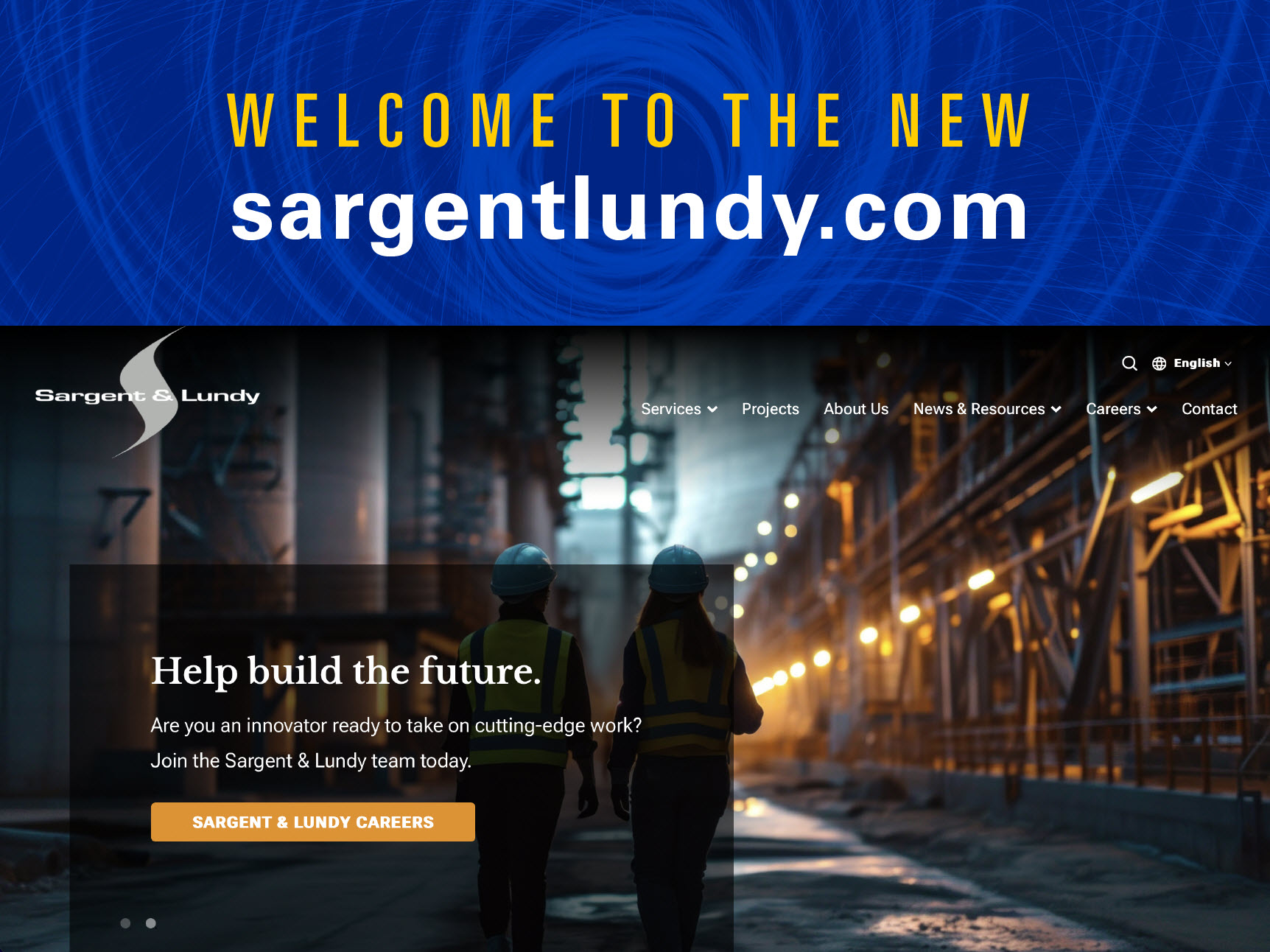 Graphic showing screenshot of hero image for new sargentlundy.com homepage.
