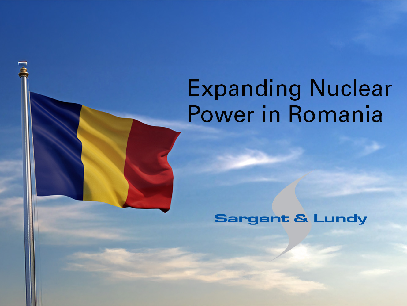 Photo of Romanian flag with blue sky background and Sargent & Lundy logo.