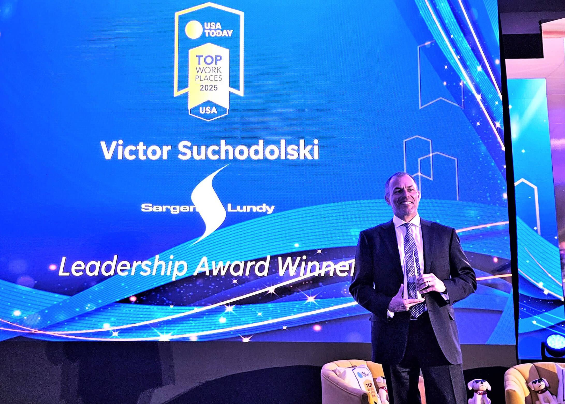 Sargent & Lundy Chairman, President, and CEO Victor Suchodolski accepts the Top Workplaces USA 2025 Leadership Award.
