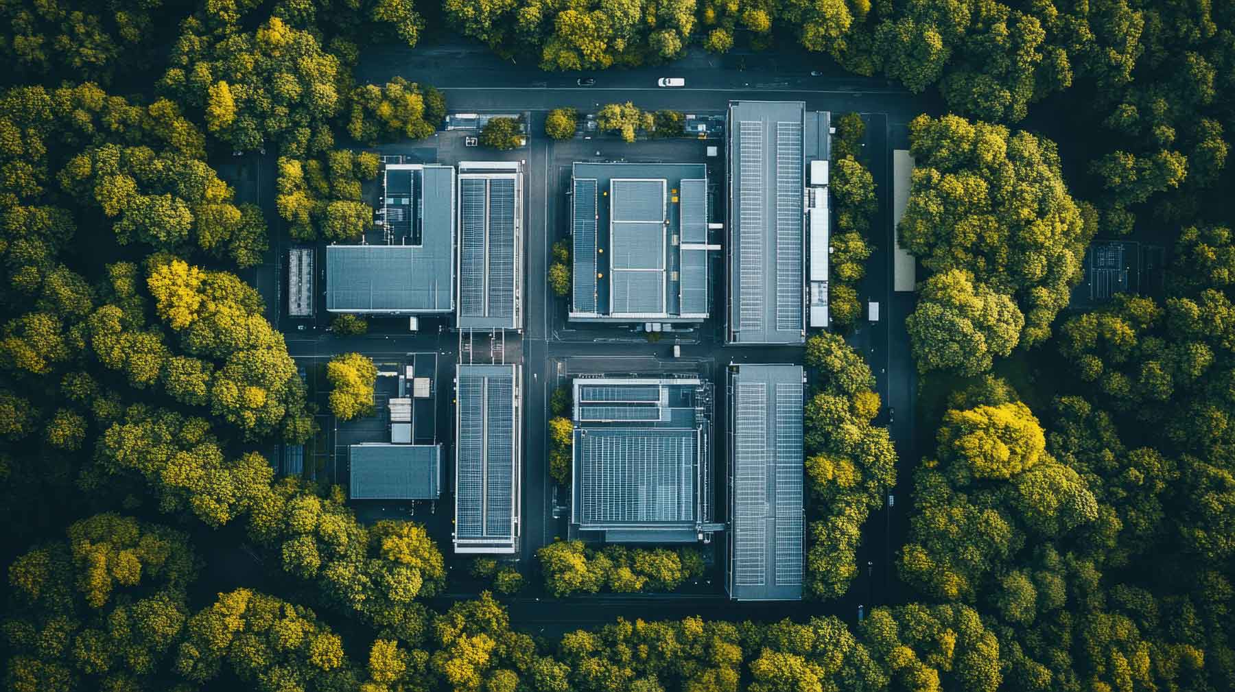 Aerial view of a data center among trees