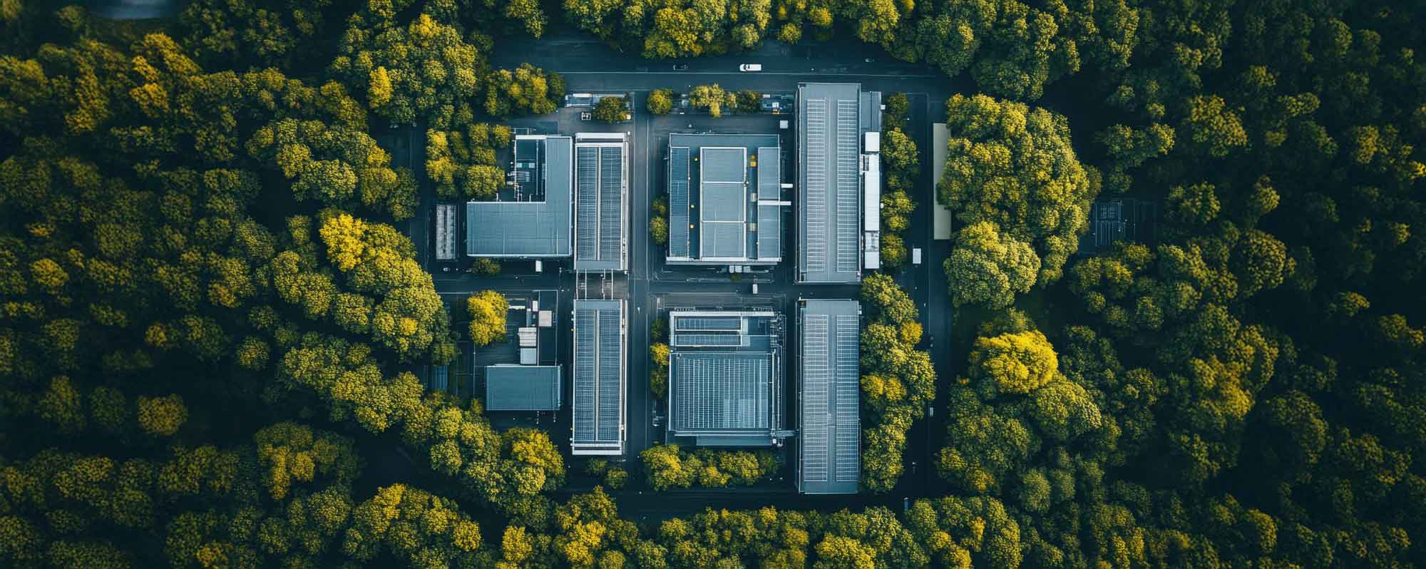 Aerial view of a data center among trees