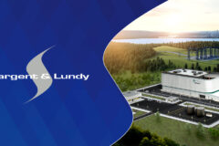 Sargent & Lundy logo with rendering of the proposed GE Vernova Hitachi small modular reactor at the Tennessee Valley Authority's Clinch River nuclear site near Oak Ridge, Tennessee.