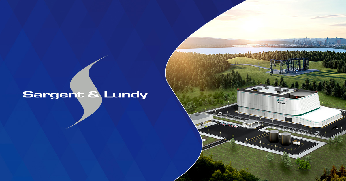 Sargent & Lundy logo with rendering of the proposed GE Vernova Hitachi small modular reactor at the Tennessee Valley Authority's Clinch River nuclear site near Oak Ridge, Tennessee.