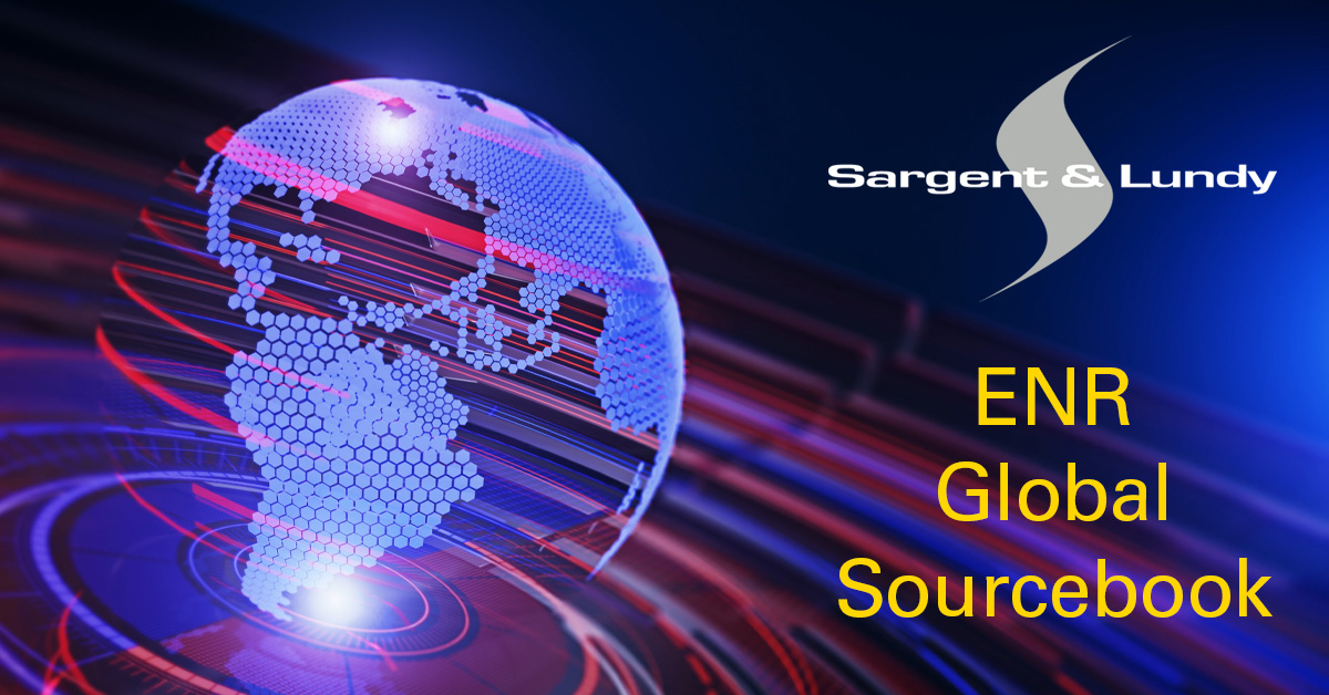 Digitized globe on black background with Sargent & Lundy logo