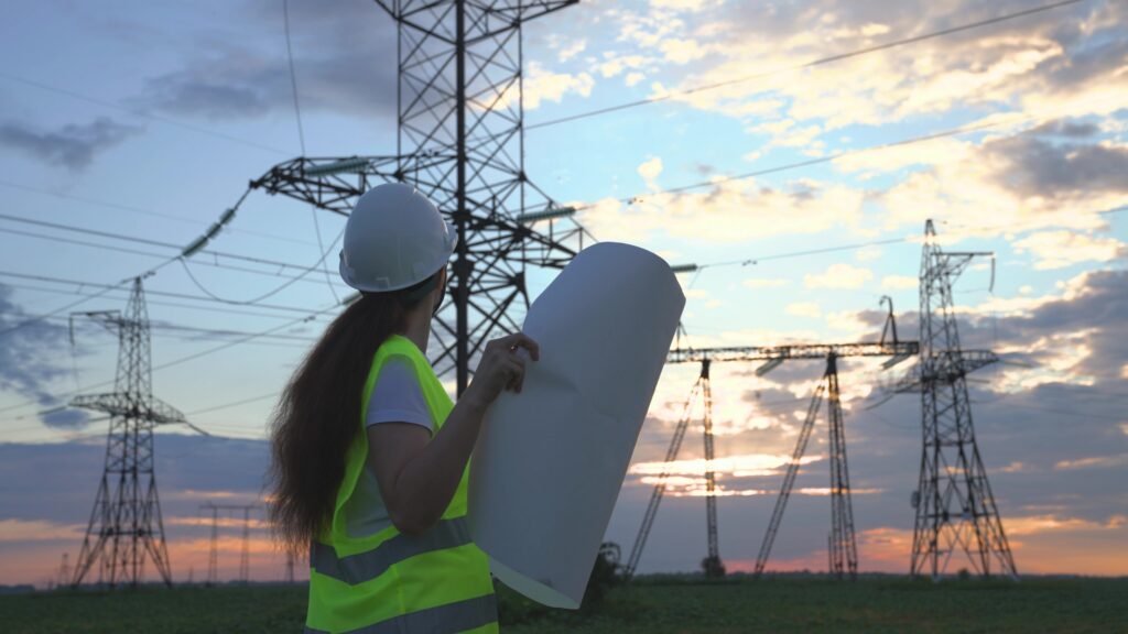 electrician engineer in hard hat holding plan and looking at transmission towers