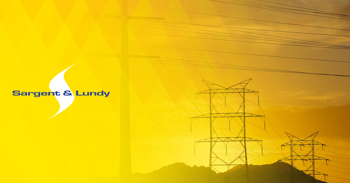 Sargent & Lundy logo on a yellow background with transmission lines.