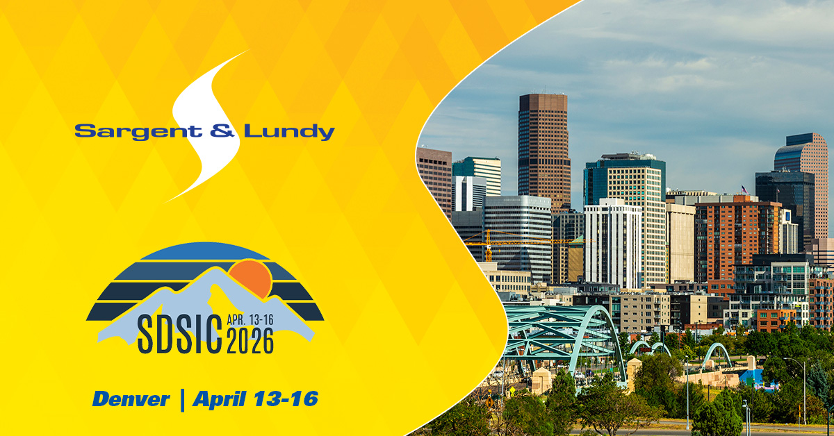 Logos for Sargent & Lundy and the Substation Design Solution Industry Consortium with a photo of Denver skyline.