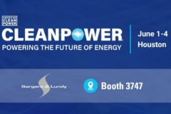 Blue banner with logos for CLEANPOWER and Sargent & Lundy along with a pin indicator for Booth 3747.
