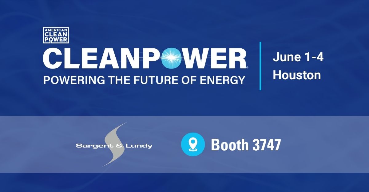 Blue banner with logos for CLEANPOWER and Sargent & Lundy along with a pin indicator for Booth 3747.