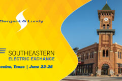 Photo of downtown Grapevine, Texas with logos for Sargent & Lundy and the Southeastern Electric Exchange.