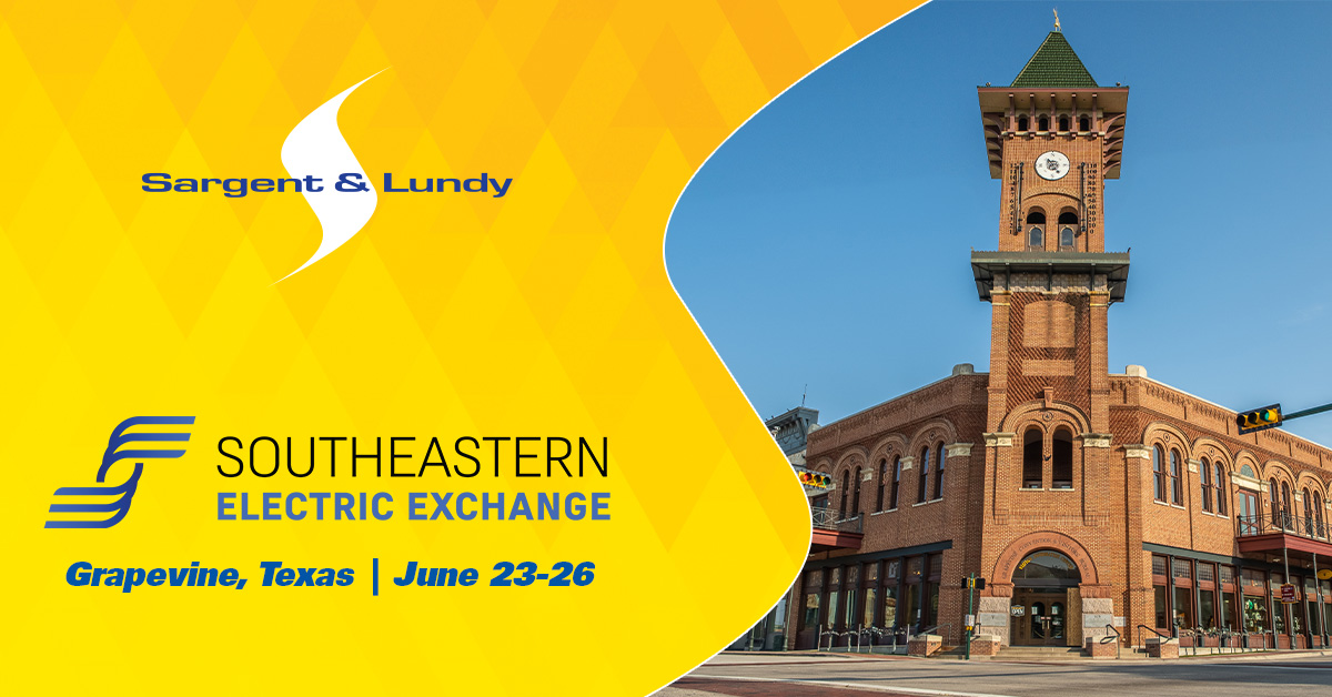 Photo of downtown Grapevine, Texas with logos for Sargent & Lundy and the Southeastern Electric Exchange.