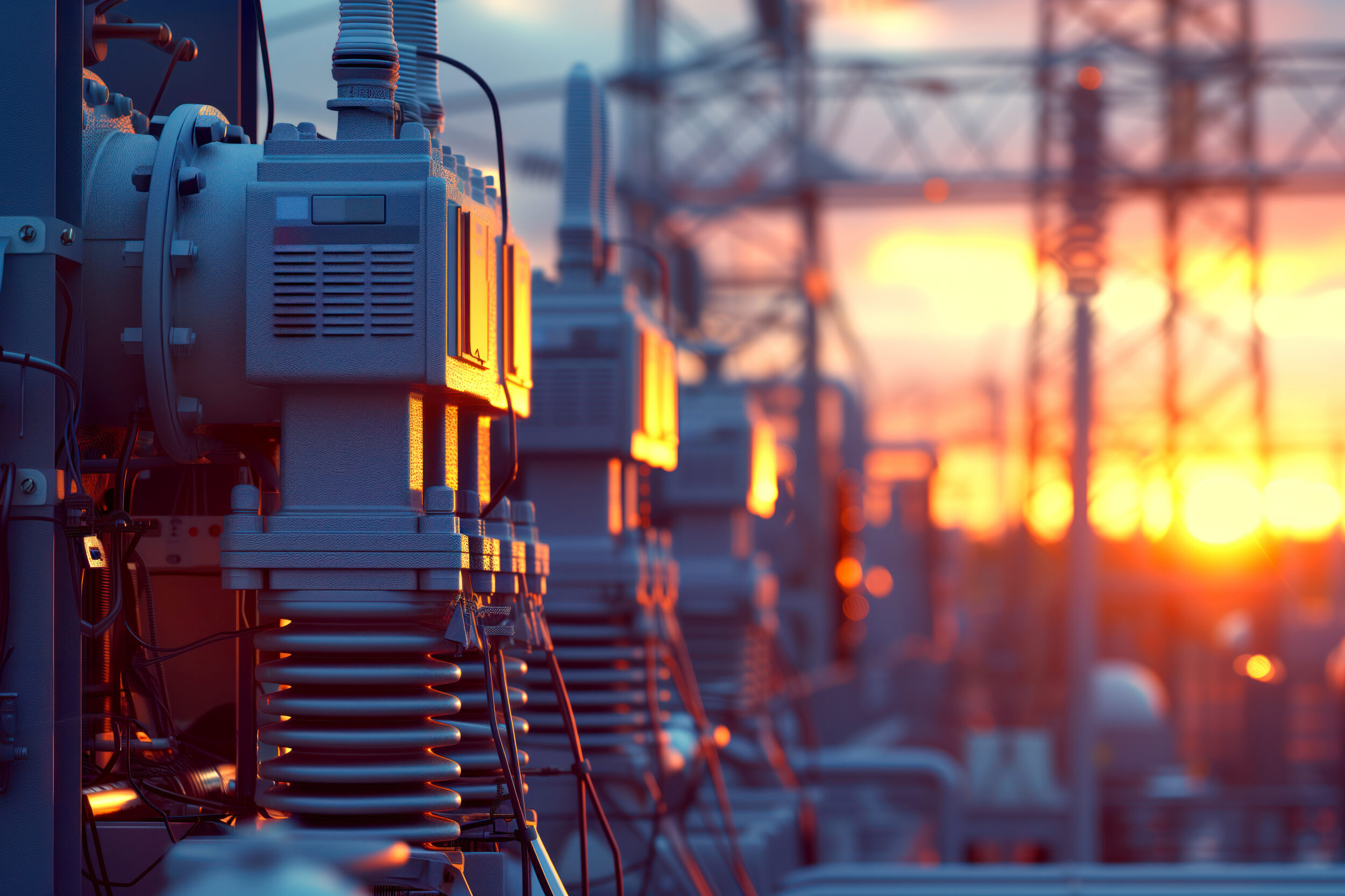 Substation with glow of sunshine in background.