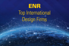 Illustration of Earth with connecting dots and yellow text that reads: ENR Top International Design Firms.