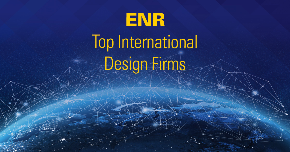 Illustration of Earth with connecting dots and yellow text that reads: ENR Top International Design Firms.