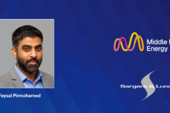 Headshot of Faysal Pirmohamed on a blue diamond background with logos for Middle East Energy conference and Sargent & Lundy