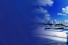 Rendering of a floating small modular reactor with a blue diamond background.