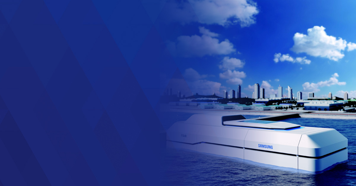 Rendering of a floating small modular reactor with a blue diamond background.