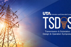 Image of a transmission tower next to a blue background with text for the University of Texas at Arlington's 59th annual Transmission & Substation Design & Operation Symposium.