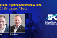 Photos of Jack Kuskie and Chris Olson on a blue filtered image of Calgary skyline with logo for IPCE conference and text for International Pipeline Conference & Expo, Sept. 21-21, Calgary, Alberta.