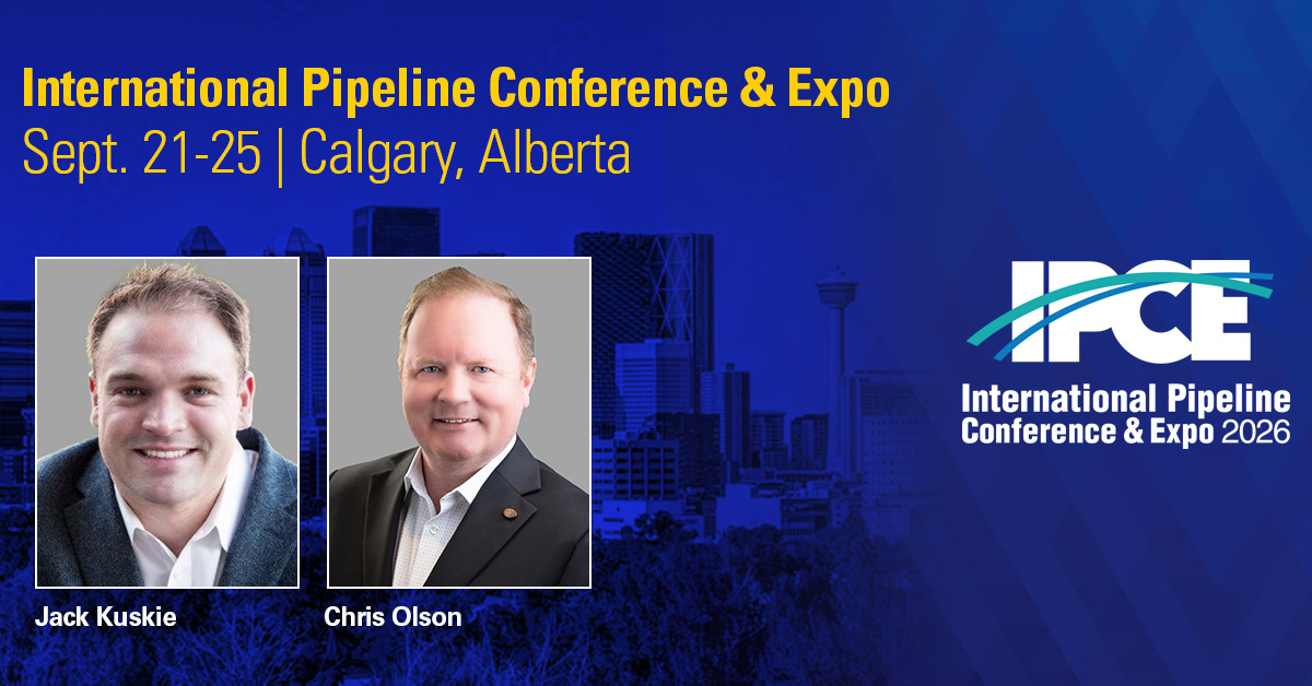 Photos of Jack Kuskie and Chris Olson on a blue filtered image of Calgary skyline with logo for IPCE conference and text for International Pipeline Conference & Expo, Sept. 21-21, Calgary, Alberta.