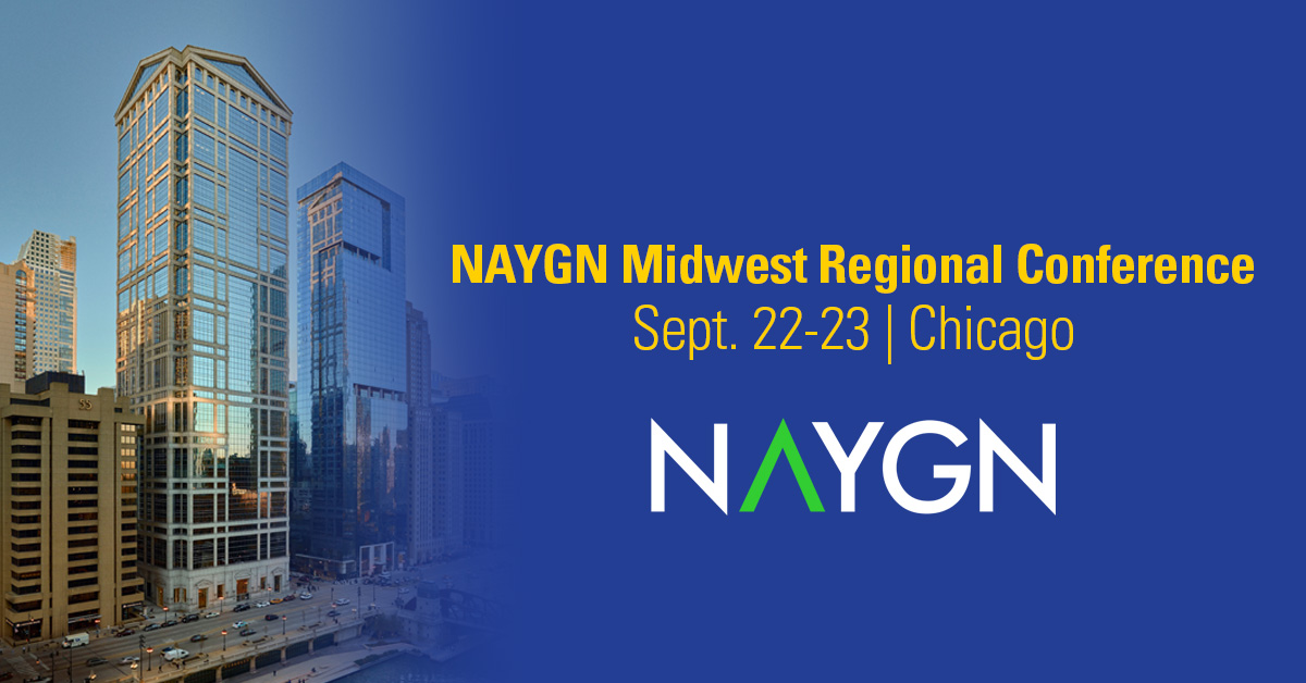 Photo of Sargent & Lundy's Chicago headquarters against a blue background with NAYGN logo and text that reads: NAYGN Midwest Regional Conference, Sept. 22-23, Chicago.