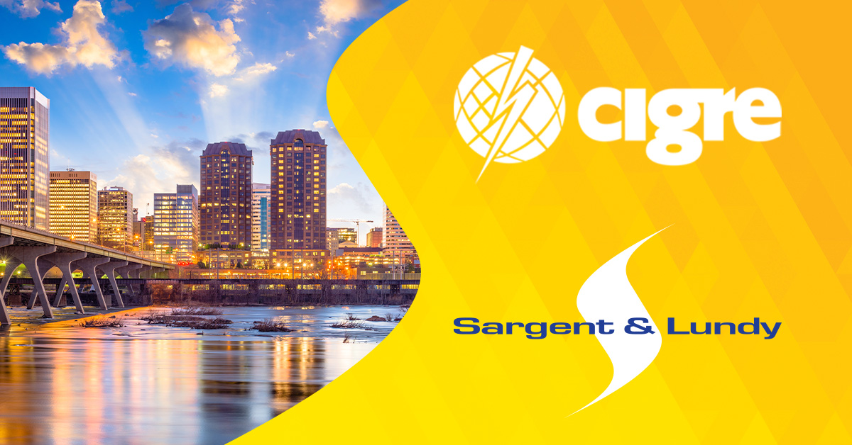 Photo of Richmond, Virginia skyline with James River in the foreground against a yellow background with logos for CIGRE and Sargent & Lundy.