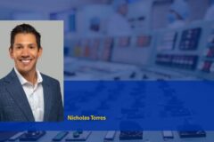 Photo of Nicholas Torres with blurred background of a nuclear power plant control room.